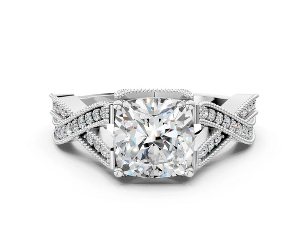 White Gold Cushion Cut Graduated Pave Twist Engagement Ring Setting