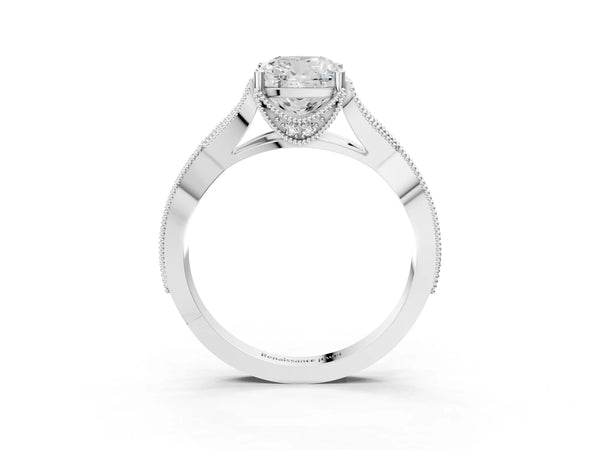 White Gold Cushion Cut Graduated Pave Twist Engagement Ring Setting
