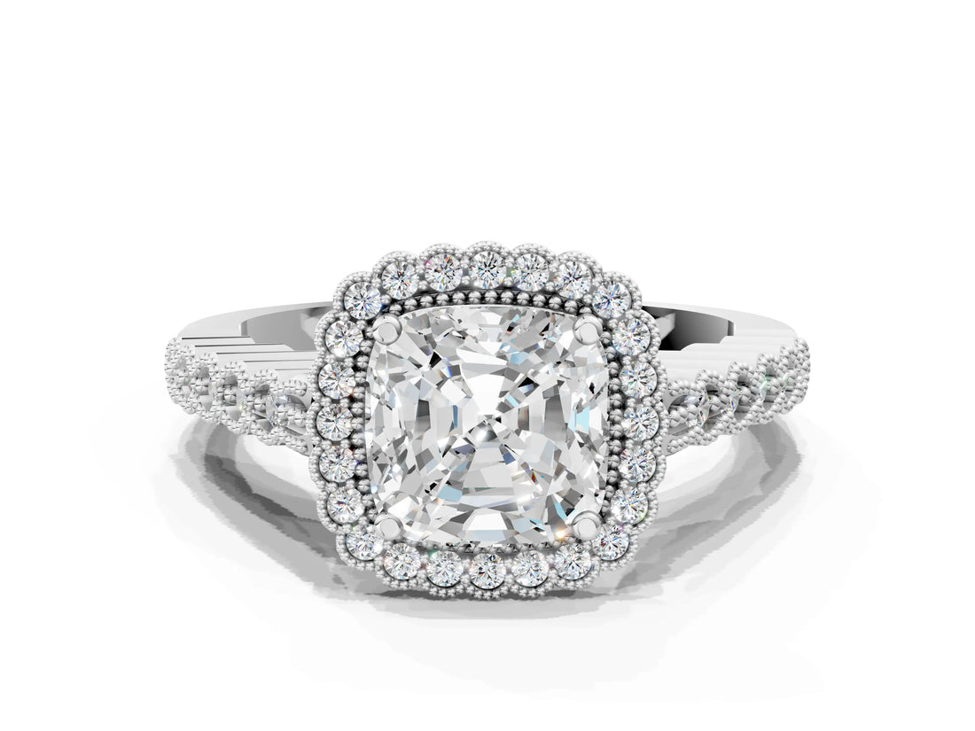 White gold Cushion Cut Cut Halo Pavé Solitaire Ring with Milgrain Band_7