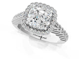 White gold Cushion Cut Cut Halo Pavé Solitaire Ring with Milgrain Band_8