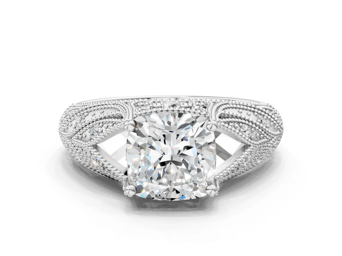 White gold Cushion Cut Cut Milgrain Pave Diamond Engagement Ring with Four-Prong Setting_15