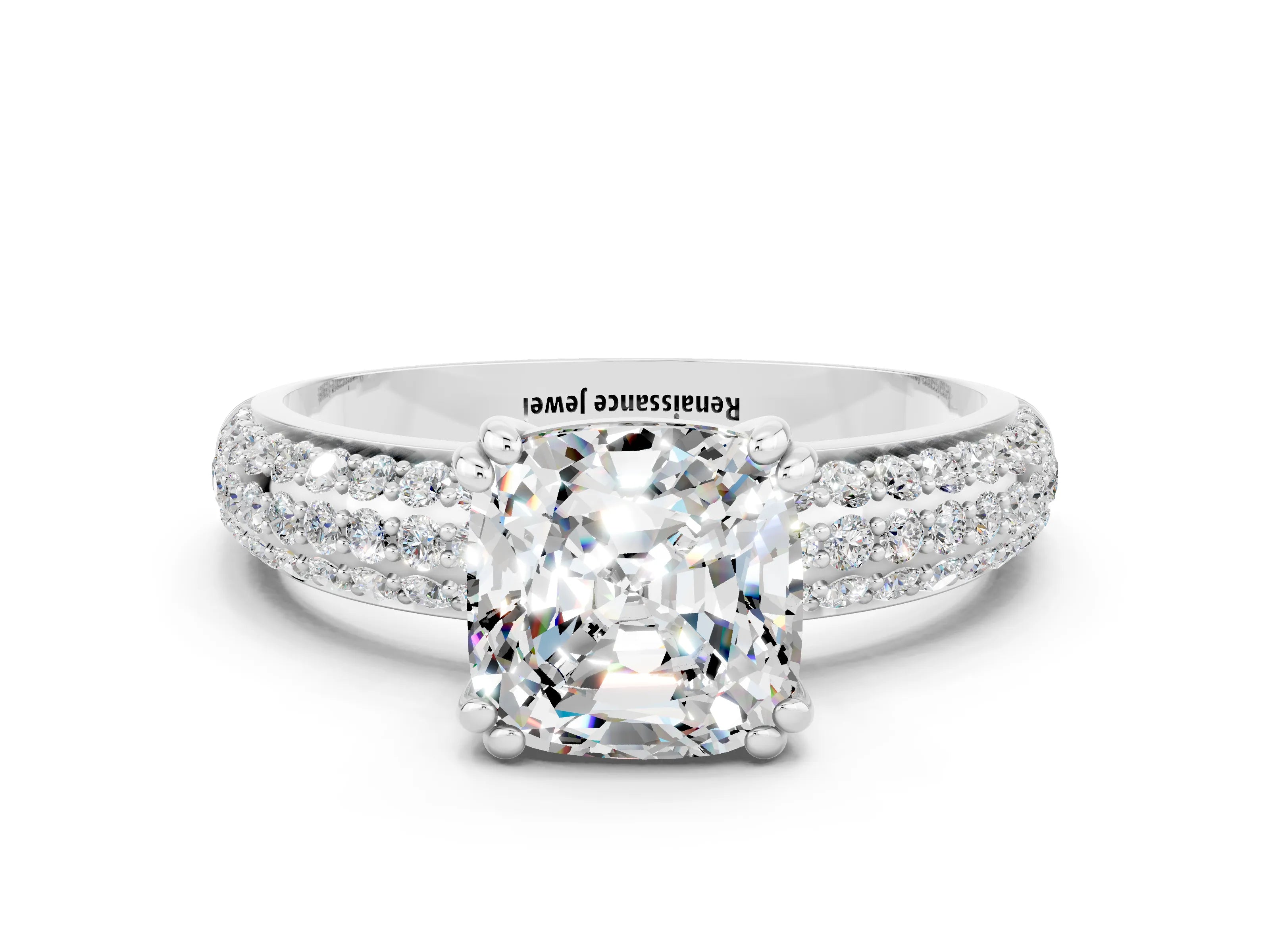 White gold Cushion Cut Cut Pave Diamond Engagement Ring with Channel Set Band and Four-Prong Setting