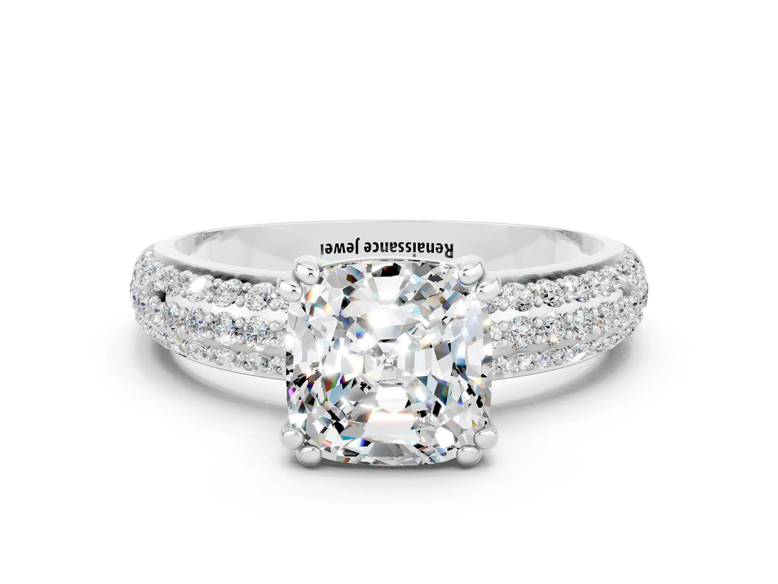 White gold Cushion Cut Cut Pave Diamond Engagement Ring with Channel Set Band and Four-Prong Setting