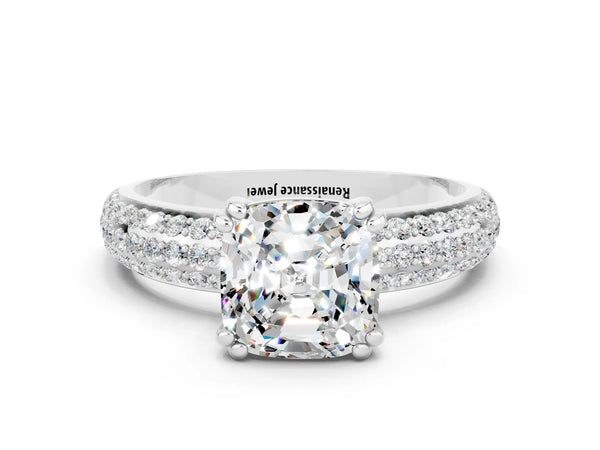 Platinum Cushion Cut Moissanite Solitaire Ring with Multi-Row Round Pavé Band and Prong Setting