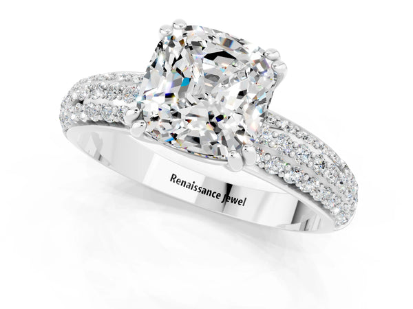 Platinum Cushion Cut Moissanite Solitaire Ring with Multi-Row Round Pavé Band and Prong Setting