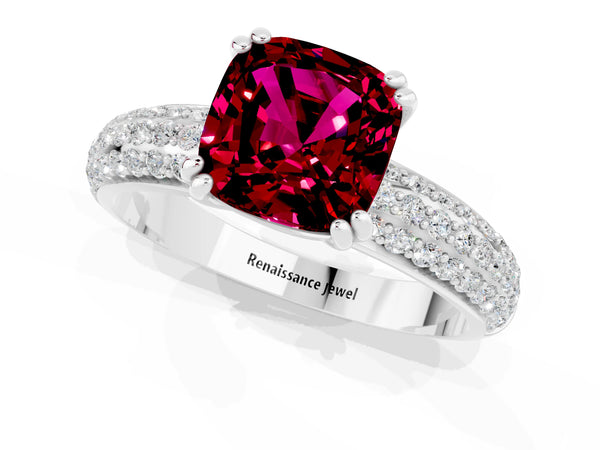 Platinum Cushion Cut Garnet Solitaire Ring with Multi-Row Round Pavé Band and Prong Setting