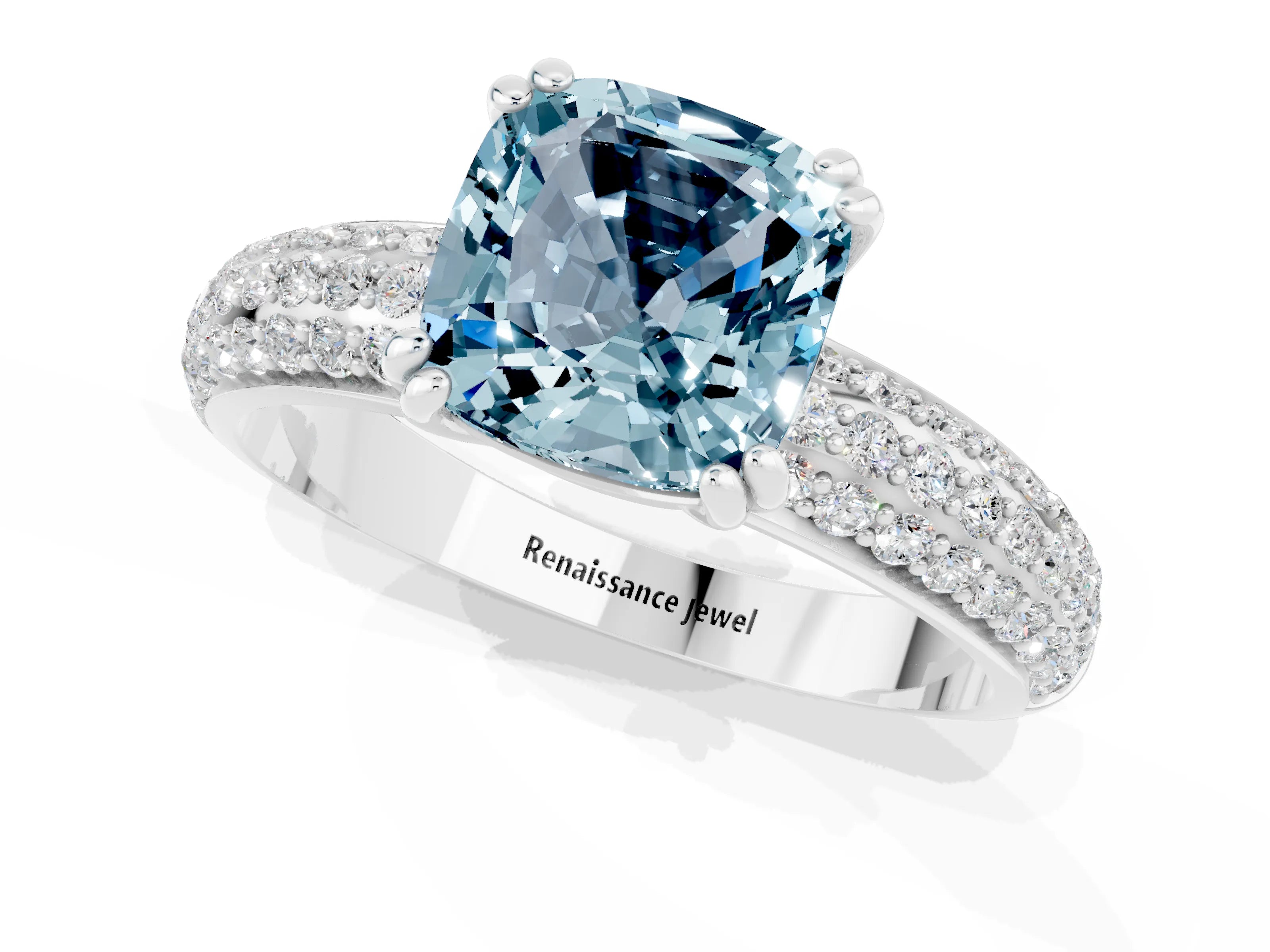 White gold Cushion Cut Cut Pave Diamond Engagement Ring with Channel Set Band and Four-Prong Setting_1