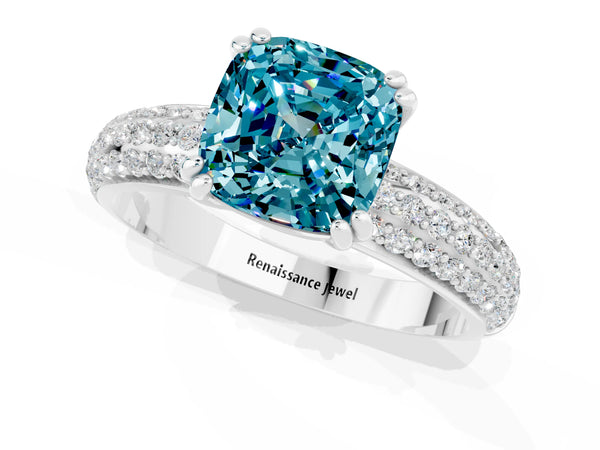 Silver Cushion Cut Cut Pave Diamond Engagement Ring with Channel Set Band and Four-Prong Setting