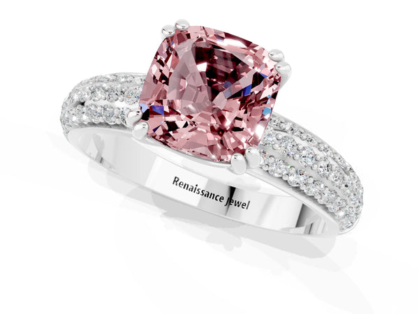 White gold Cushion Cut Cut Pave Diamond Engagement Ring with Channel Set Band and Four-Prong Setting