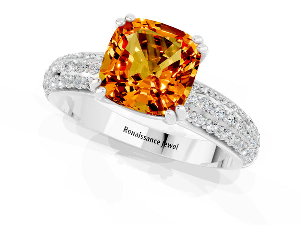 Silver Cushion Cut Citrine Solitaire Ring with Multi-Row Round Pavé Band and Prong Setting