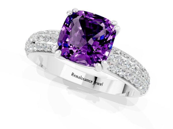 White gold Cushion Cut Amethyst Solitaire Ring with Multi-Row Round Pavé Band and Prong Setting
