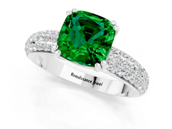 White gold Cushion Cut Emerald Solitaire Ring with Multi-Row Round Pavé Band and Prong Setting