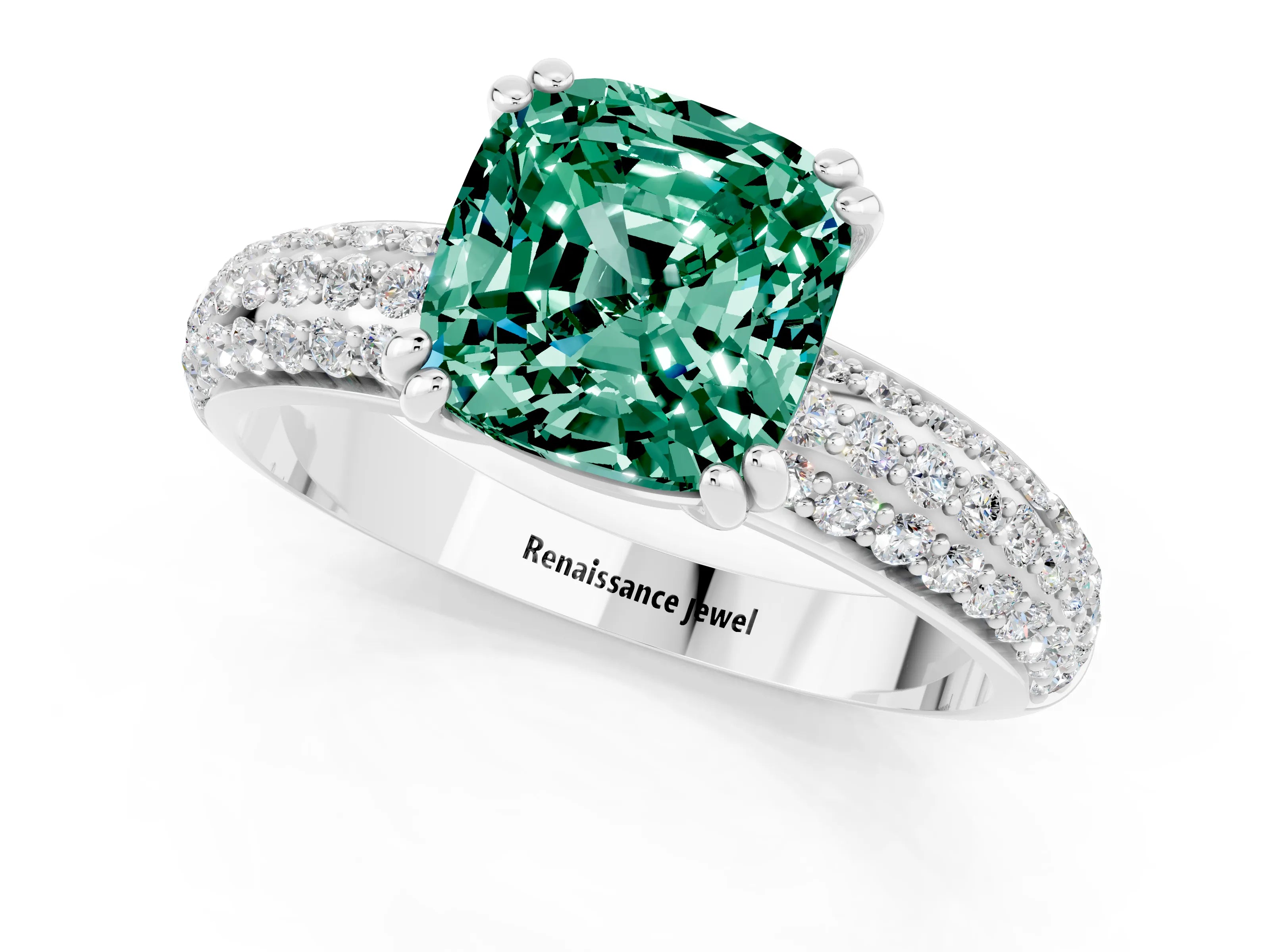 White gold Cushion Cut Cut Pave Diamond Engagement Ring with Channel Set Band and Four-Prong Setting_1