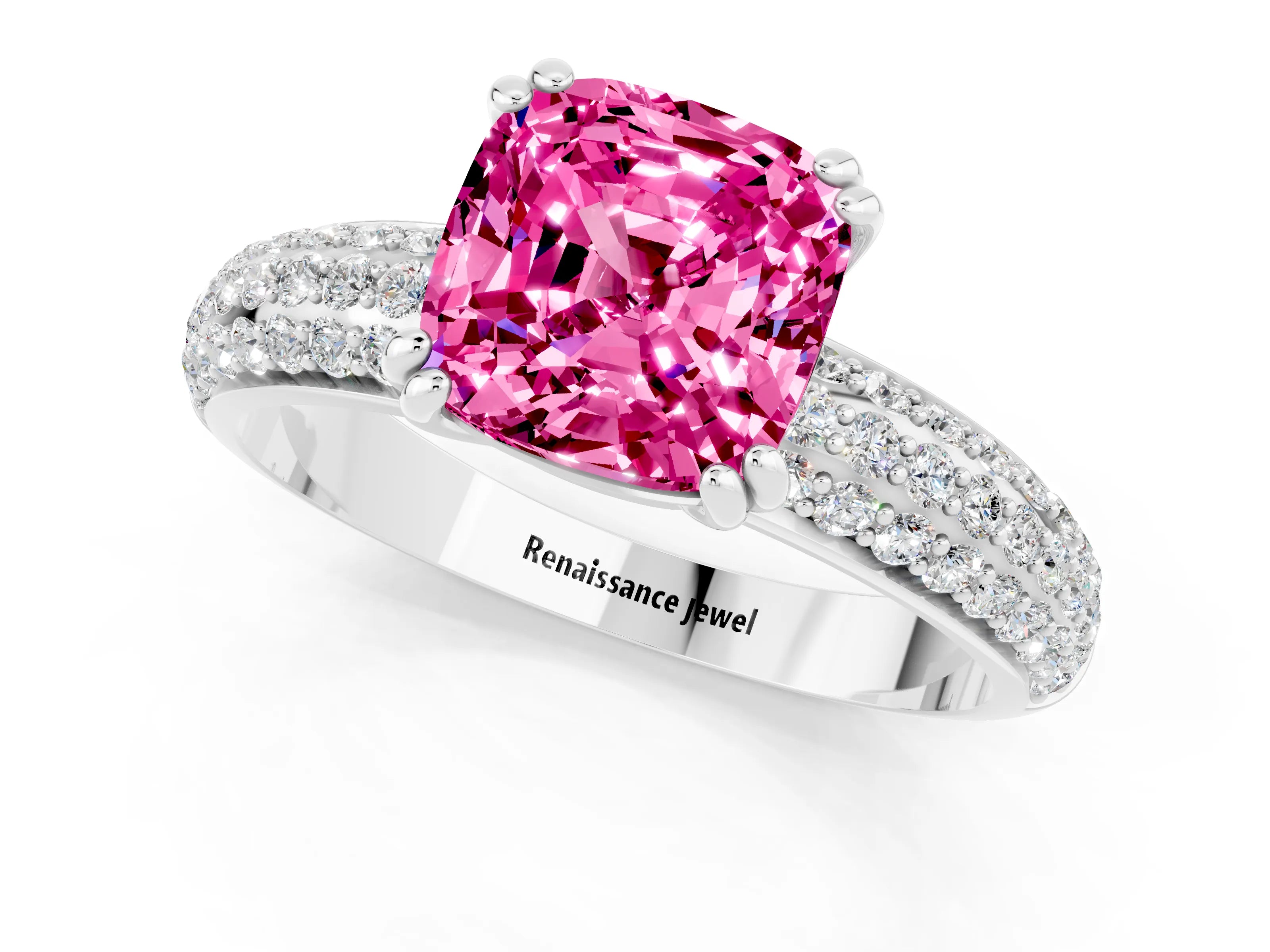White gold Cushion Cut Cut Pave Diamond Engagement Ring with Channel Set Band and Four-Prong Setting_1