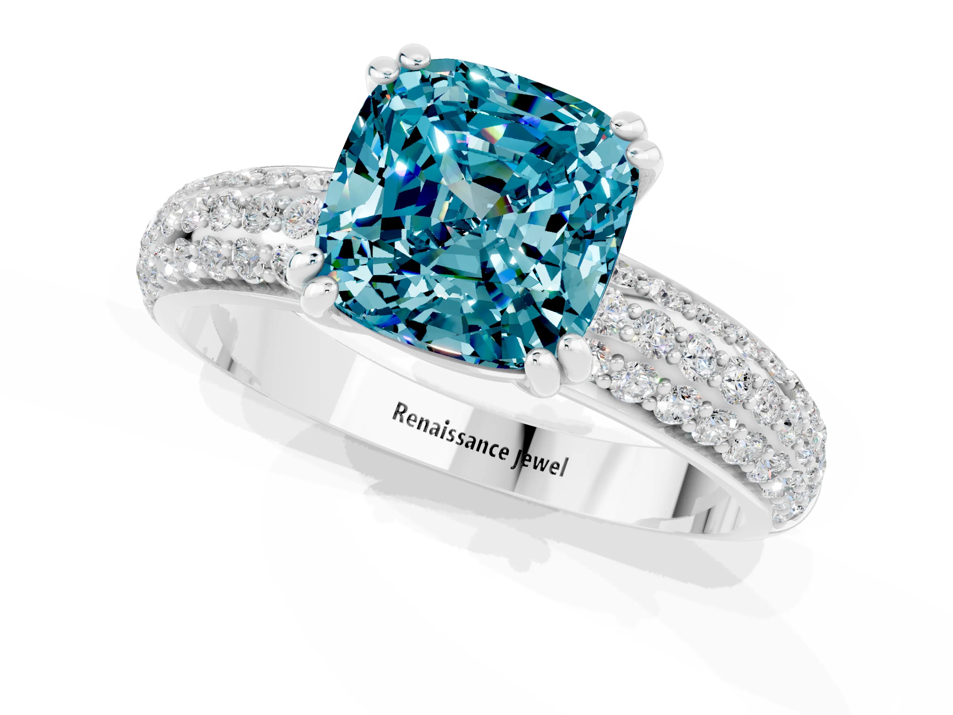 White gold Cushion Cut Cut Pave Diamond Engagement Ring with Channel Set Band and Four-Prong Setting_1