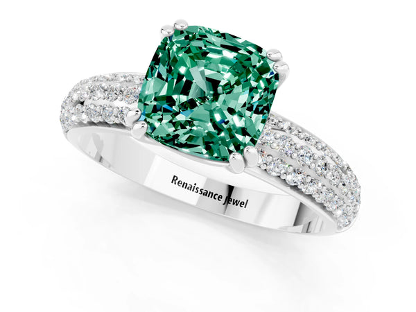 Silver Cushion Cut Green Sapphire Solitaire Ring with Multi-Row Round Pavé Band and Prong Setting