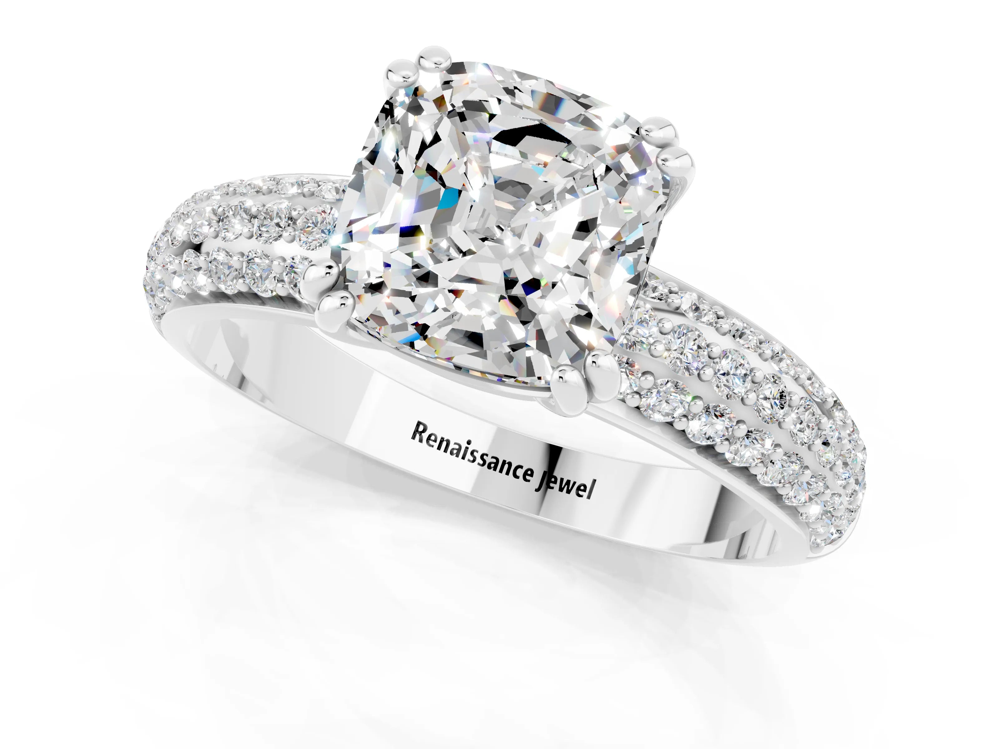 White gold Cushion Cut Cut Pave Diamond Engagement Ring with Channel Set Band and Four-Prong Setting_1