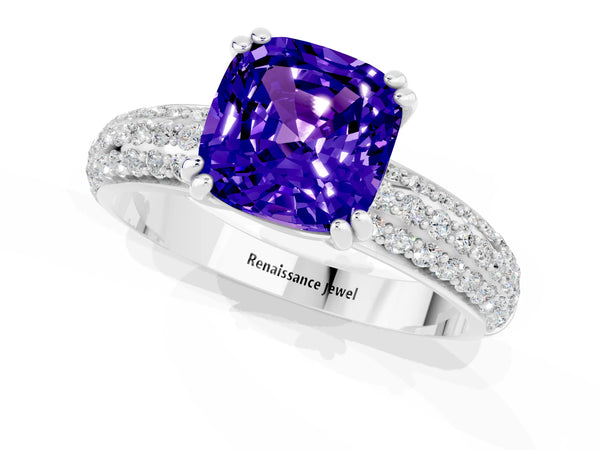 White gold Cushion Cut Tanzanite Solitaire Ring with Multi-Row Round Pavé Band and Prong Setting