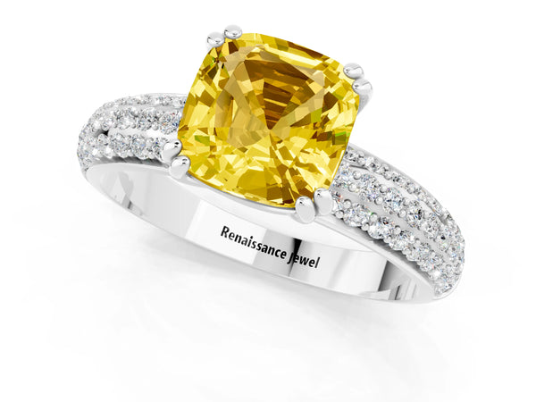 White gold Cushion Cut Yellow Sapphire Solitaire Ring with Multi-Row Round Pavé Band and Prong Setting