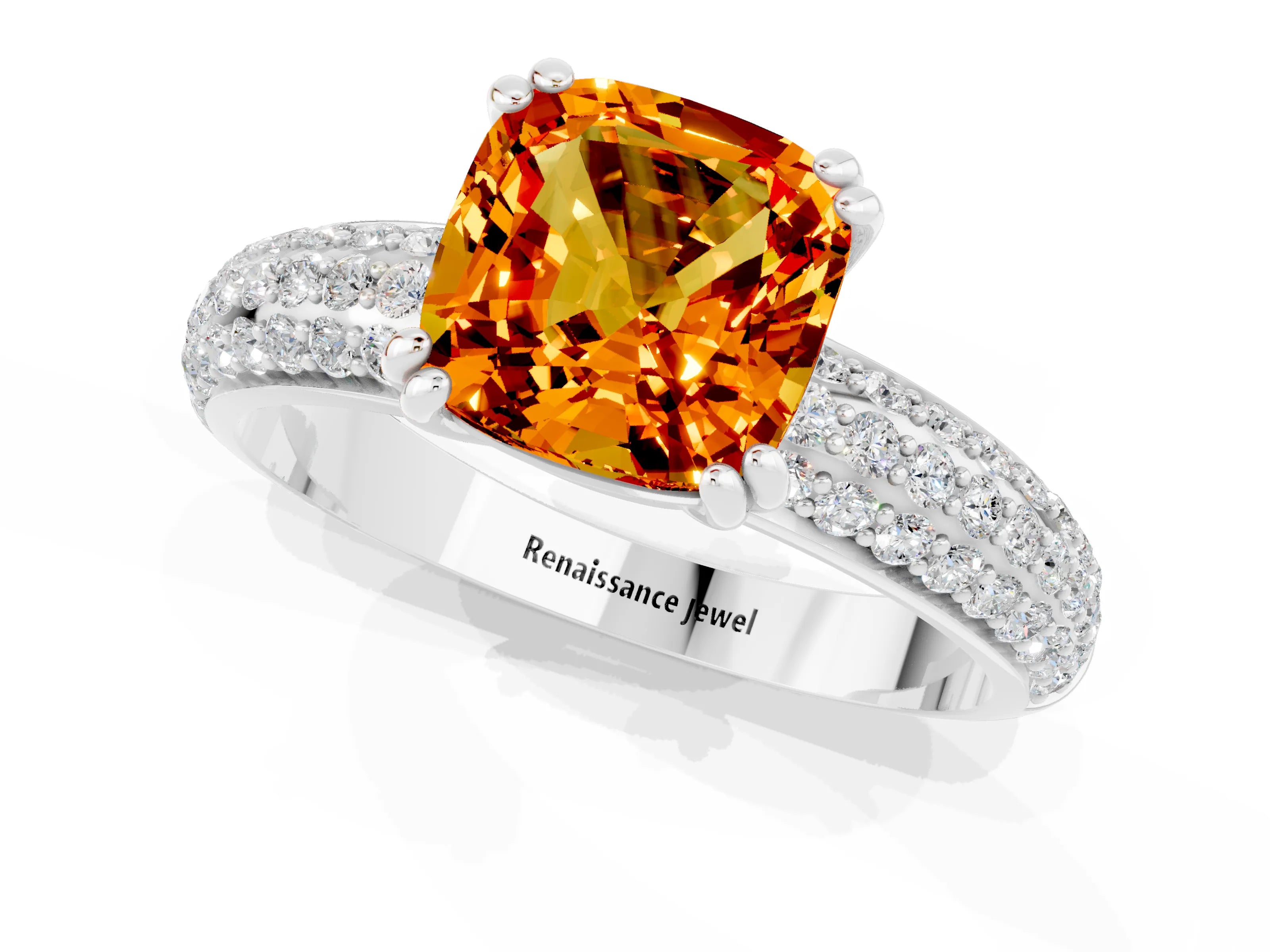 White gold Cushion Cut Cut Pave Diamond Engagement Ring with Channel Set Band and Four-Prong Setting_1
