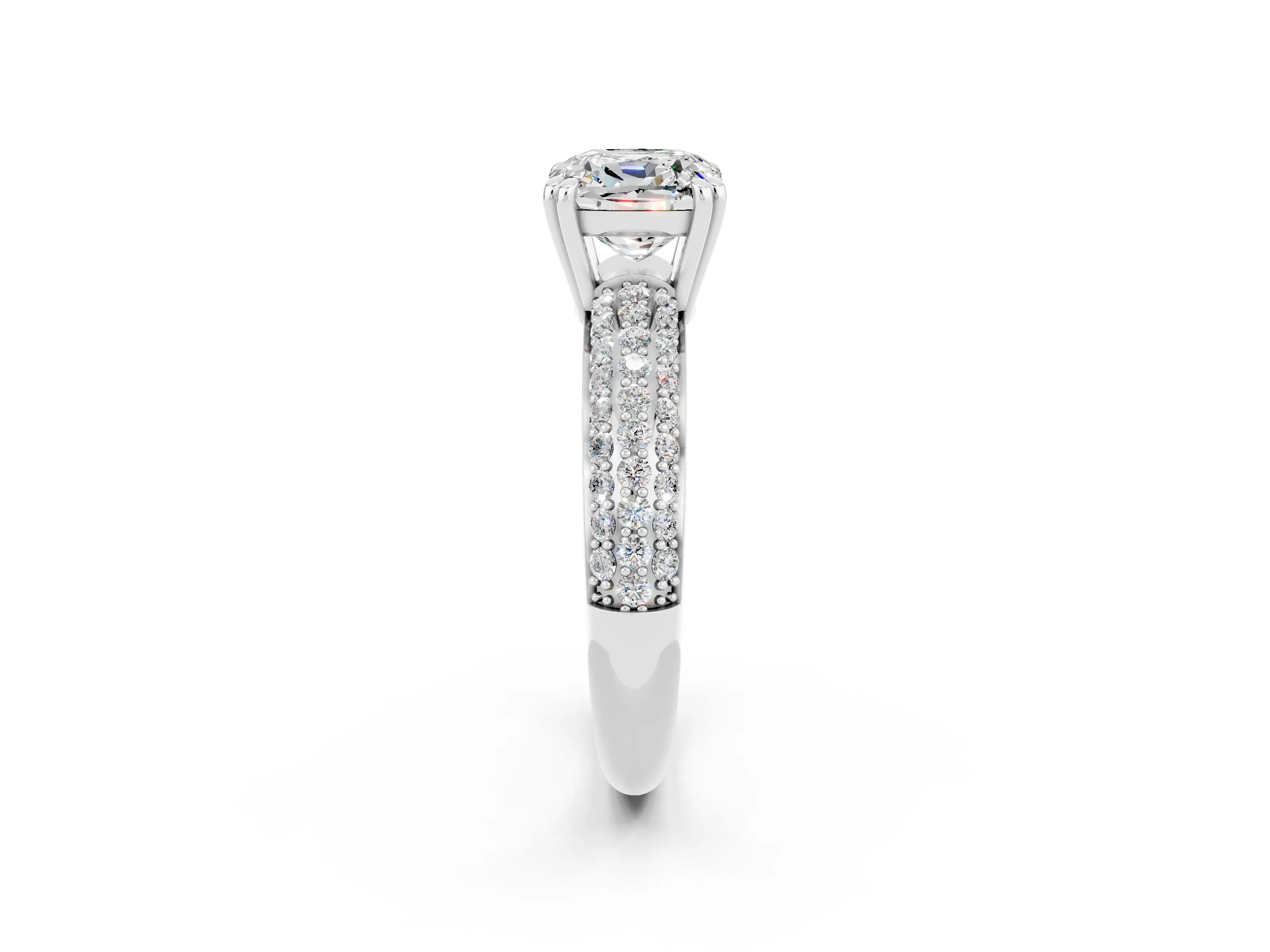 White gold Cushion Cut Cut Pave Diamond Engagement Ring with Channel Set Band and Four-Prong Setting_2