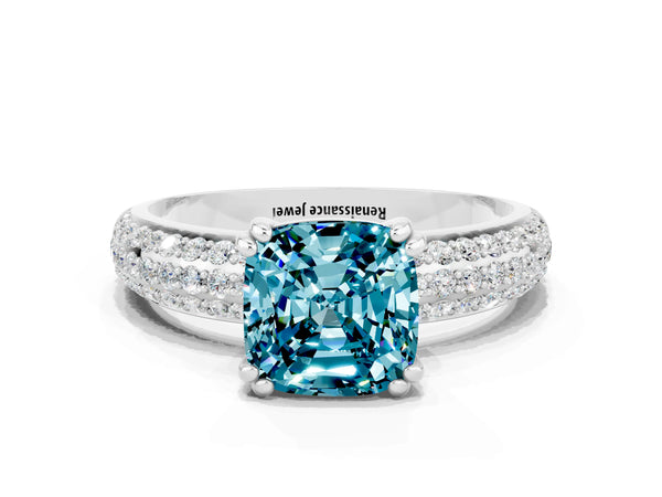 Platinum Cushion Cut Cut Pave Diamond Engagement Ring with Channel Set Band and Four-Prong Setting