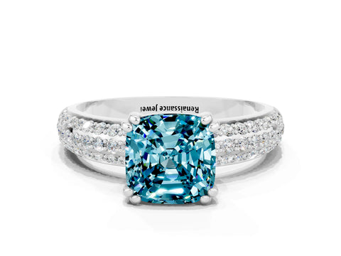 White gold Cushion Cut Cut Pave Diamond Engagement Ring with Channel Set Band and Four-Prong Setting