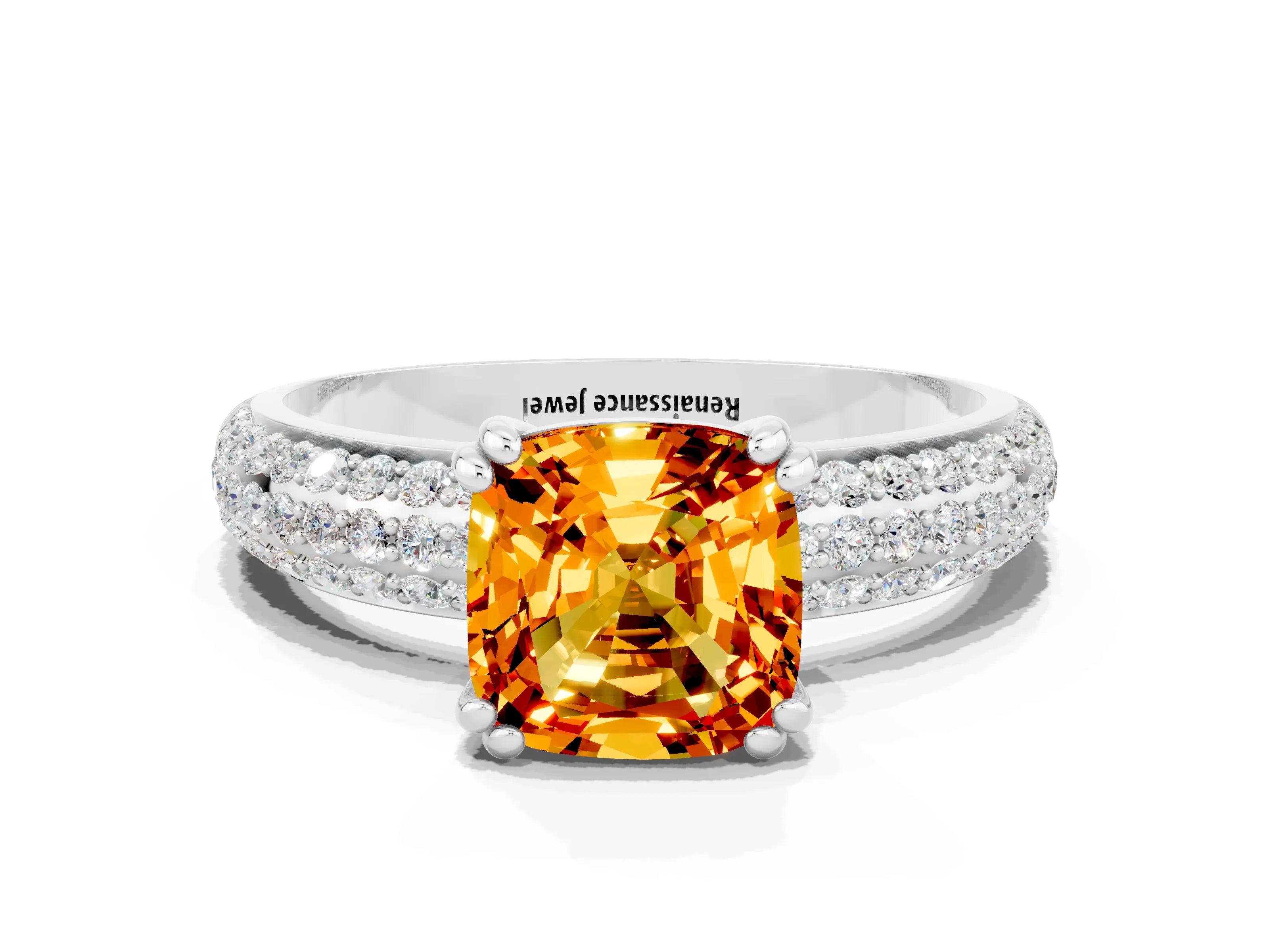 White gold Cushion Cut Cut Pave Diamond Engagement Ring with Channel Set Band and Four-Prong Setting