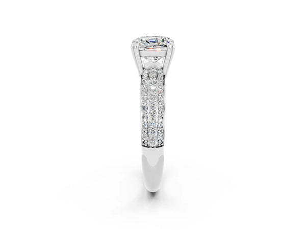 White gold Cushion Cut Moissanite Solitaire Ring with Multi-Row Round Pavé Band and Prong Setting