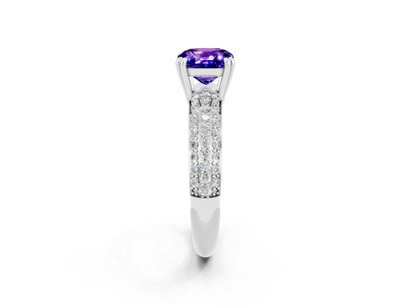 White gold Cushion Cut Tanzanite Solitaire Ring with Multi-Row Round Pavé Band and Prong Setting
