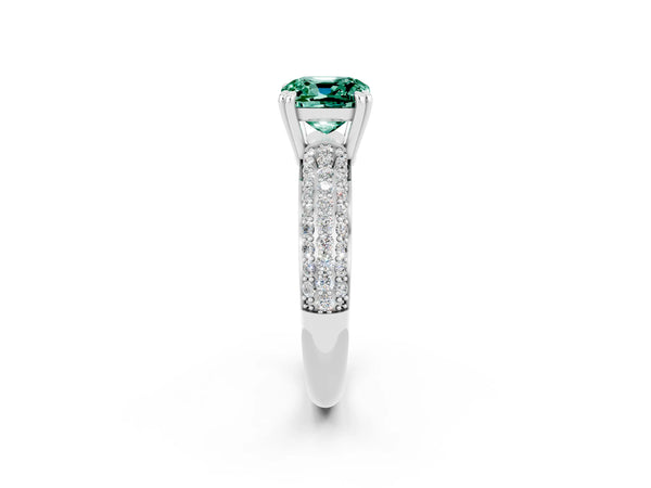 Silver Cushion Cut Green Sapphire Solitaire Ring with Multi-Row Round Pavé Band and Prong Setting