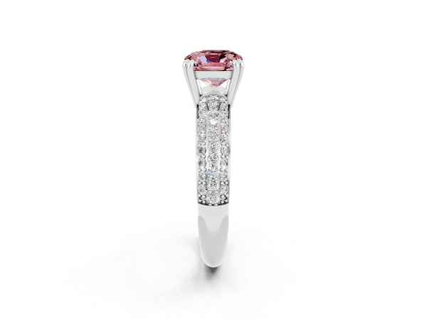 Platinum Cushion Cut Cut Pave Diamond Engagement Ring with Channel Set Band and Four-Prong Setting