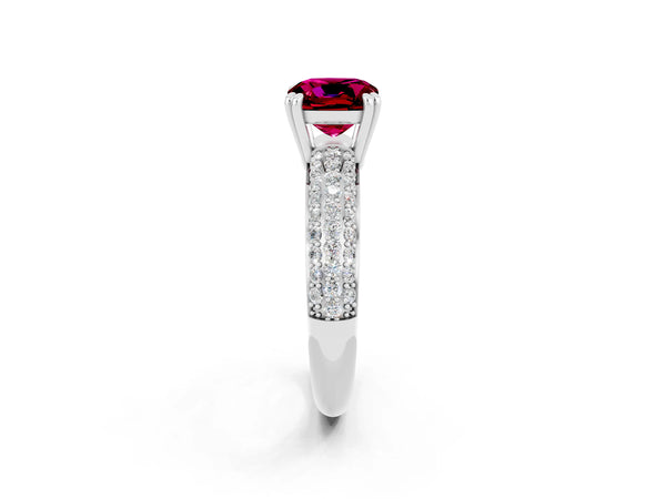 Platinum Cushion Cut Garnet Solitaire Ring with Multi-Row Round Pavé Band and Prong Setting