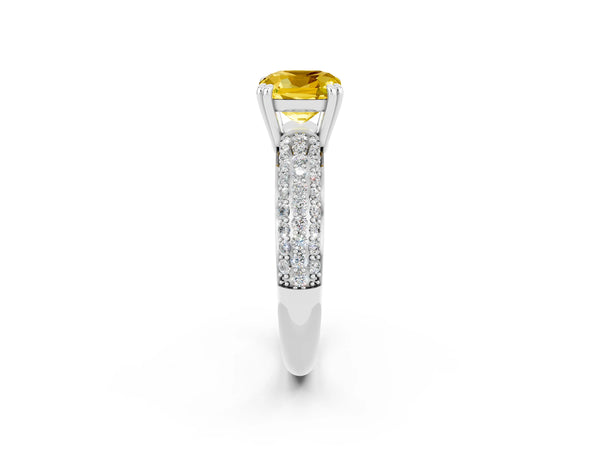 Silver Cushion Cut Yellow Sapphire Solitaire Ring with Multi-Row Round Pavé Band and Prong Setting