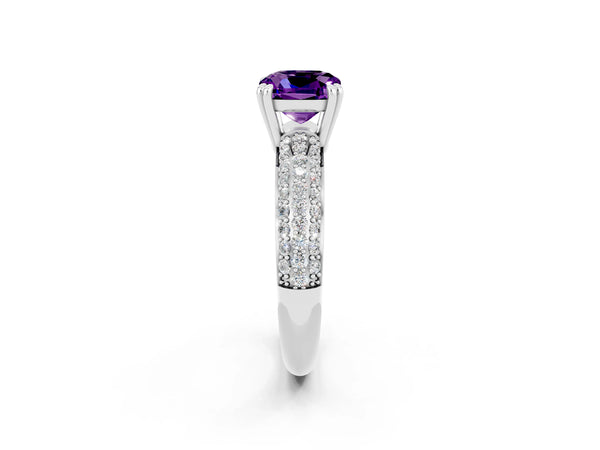 White gold Cushion Cut Amethyst Solitaire Ring with Multi-Row Round Pavé Band and Prong Setting