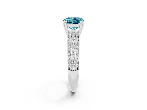 Platinum Cushion Cut Cut Pave Diamond Engagement Ring with Channel Set Band and Four-Prong Setting