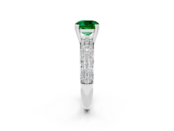 White gold Cushion Cut Emerald Solitaire Ring with Multi-Row Round Pavé Band and Prong Setting
