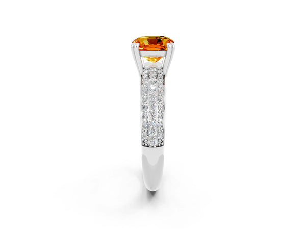 White gold Cushion Cut Citrine Solitaire Ring with Multi-Row Round Pavé Band and Prong Setting