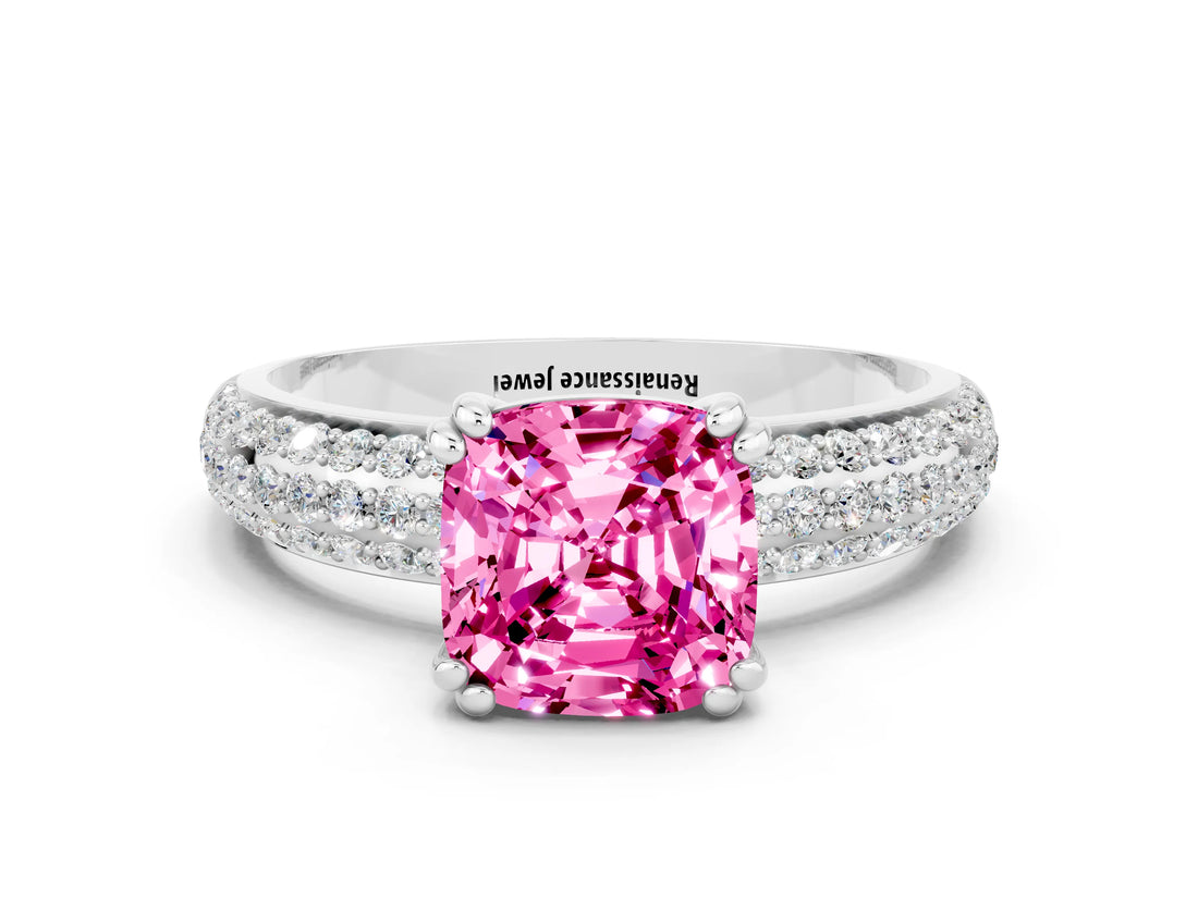 White gold Cushion Cut Cut Pave Diamond Engagement Ring with Channel Set Band and Four-Prong Setting