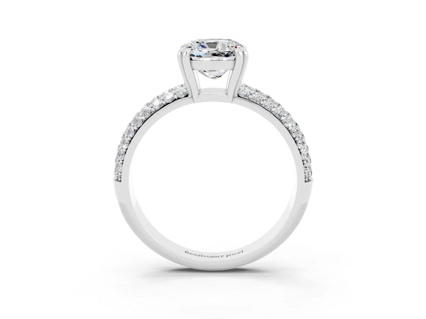 Platinum Cushion Cut Moissanite Solitaire Ring with Multi-Row Round Pavé Band and Prong Setting