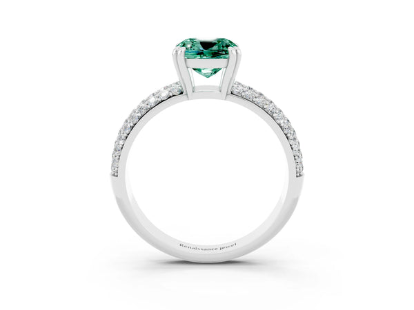 Platinum Cushion Cut Green Sapphire Solitaire Ring with Multi-Row Round Pavé Band and Prong Setting