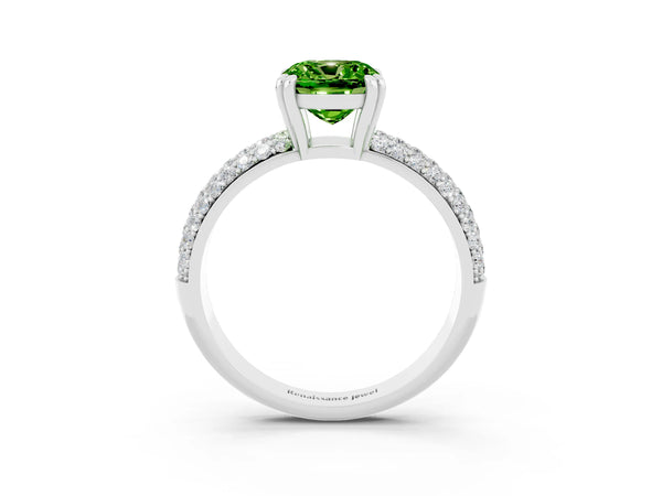 Platinum Cushion Cut Cut Pave Diamond Engagement Ring with Channel Set Band and Four-Prong Setting
