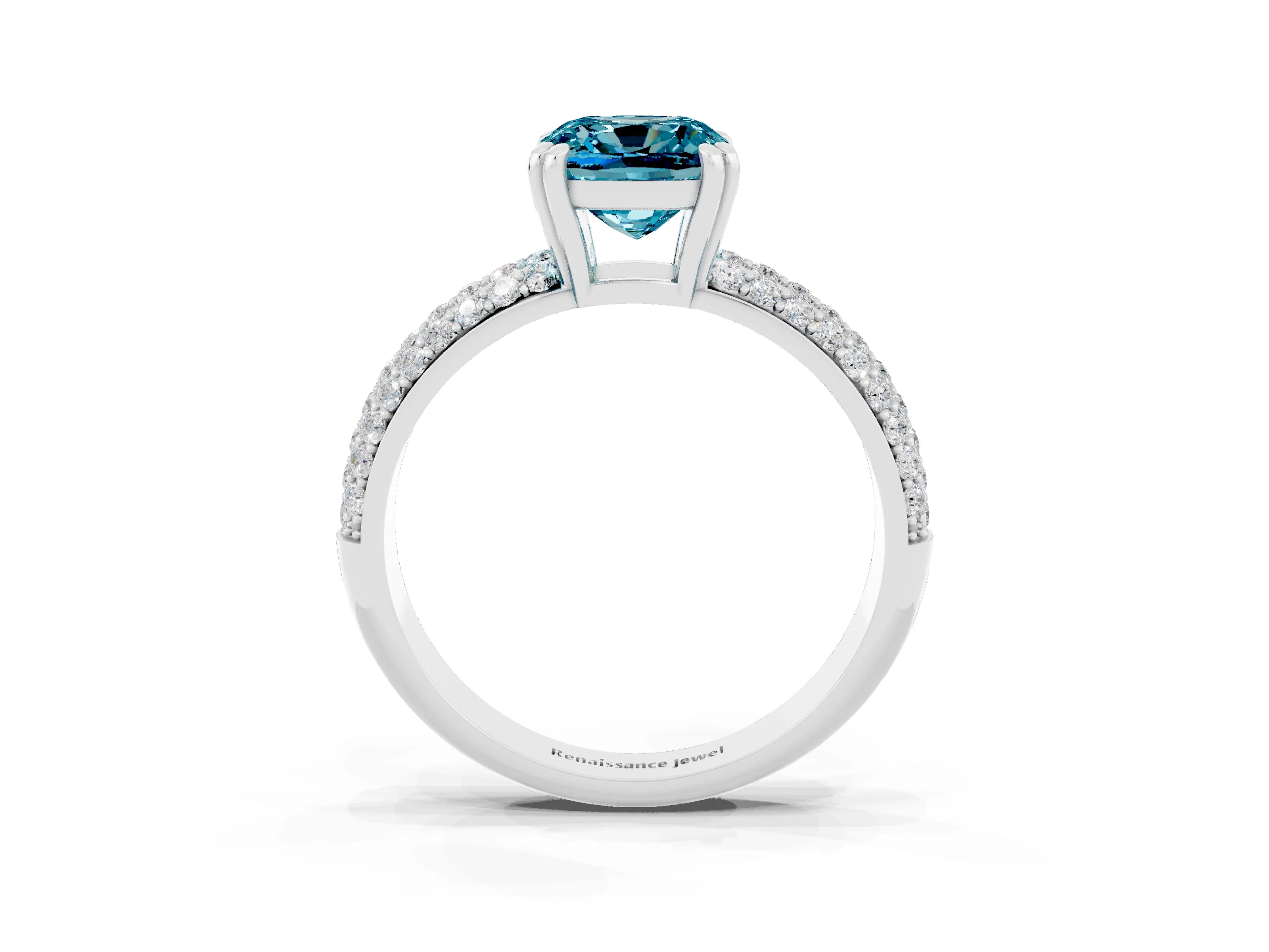 White gold Cushion Cut Cut Pave Diamond Engagement Ring with Channel Set Band and Four-Prong Setting_3