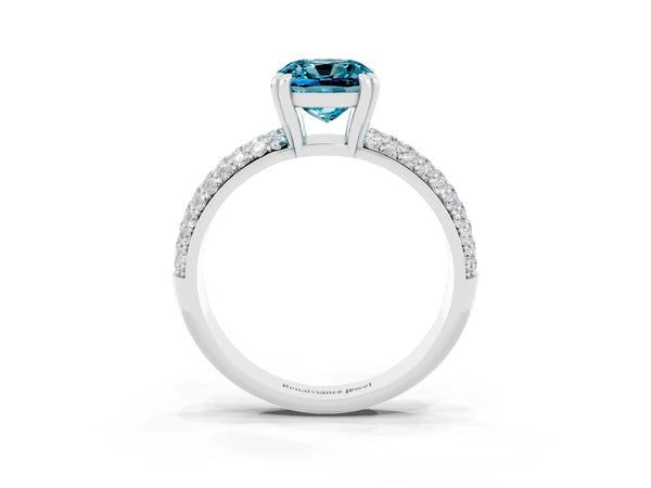 Platinum Cushion Cut Cut Pave Diamond Engagement Ring with Channel Set Band and Four-Prong Setting