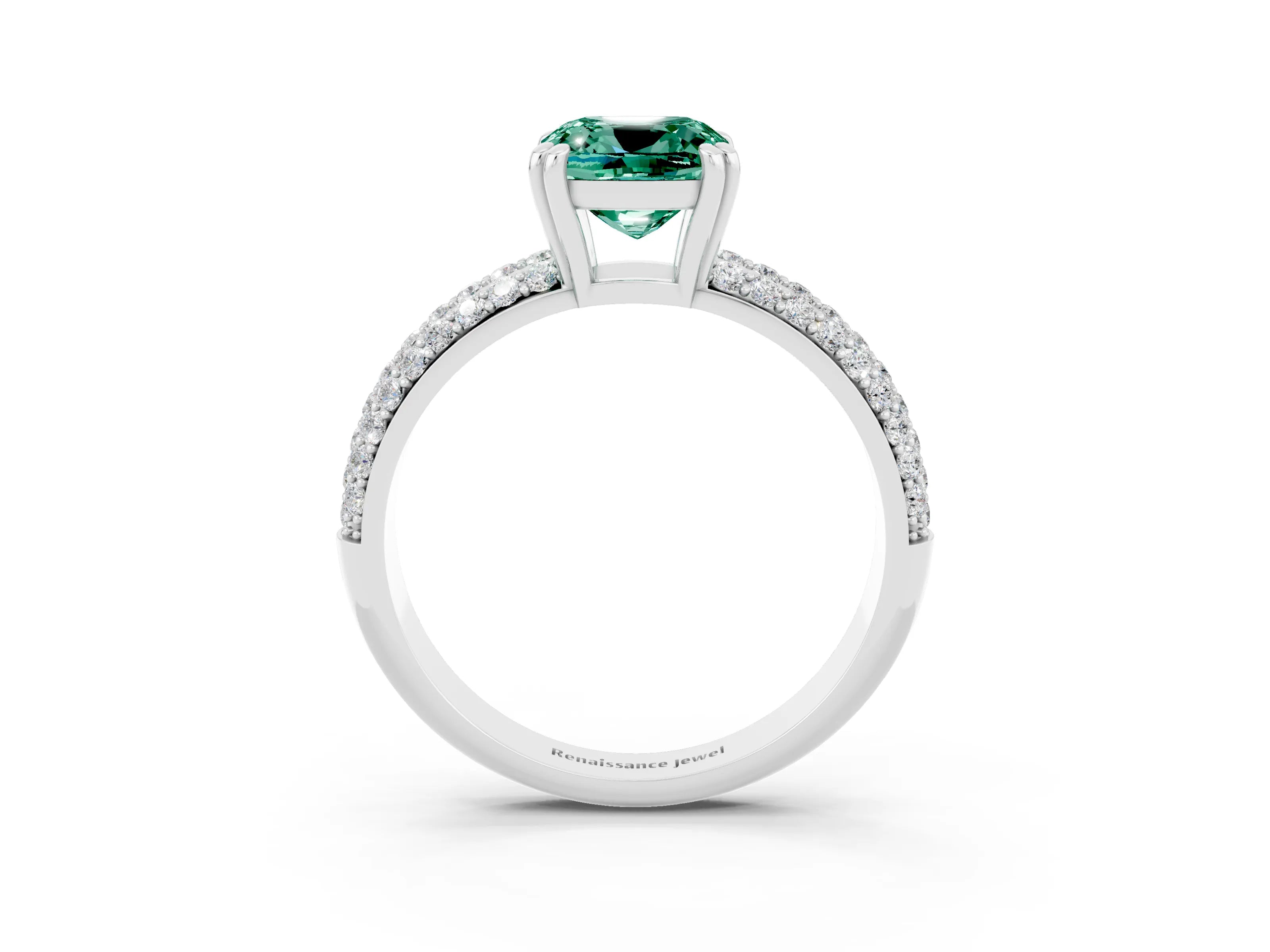 White gold Cushion Cut Cut Pave Diamond Engagement Ring with Channel Set Band and Four-Prong Setting_3