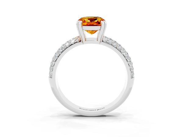 Platinum Cushion Cut Citrine Solitaire Ring with Multi-Row Round Pavé Band and Prong Setting