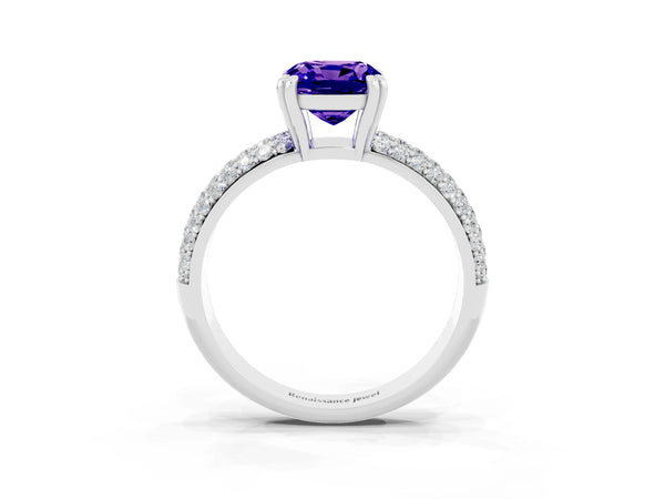 Platinum Cushion Cut Tanzanite Solitaire Ring with Multi-Row Round Pavé Band and Prong Setting