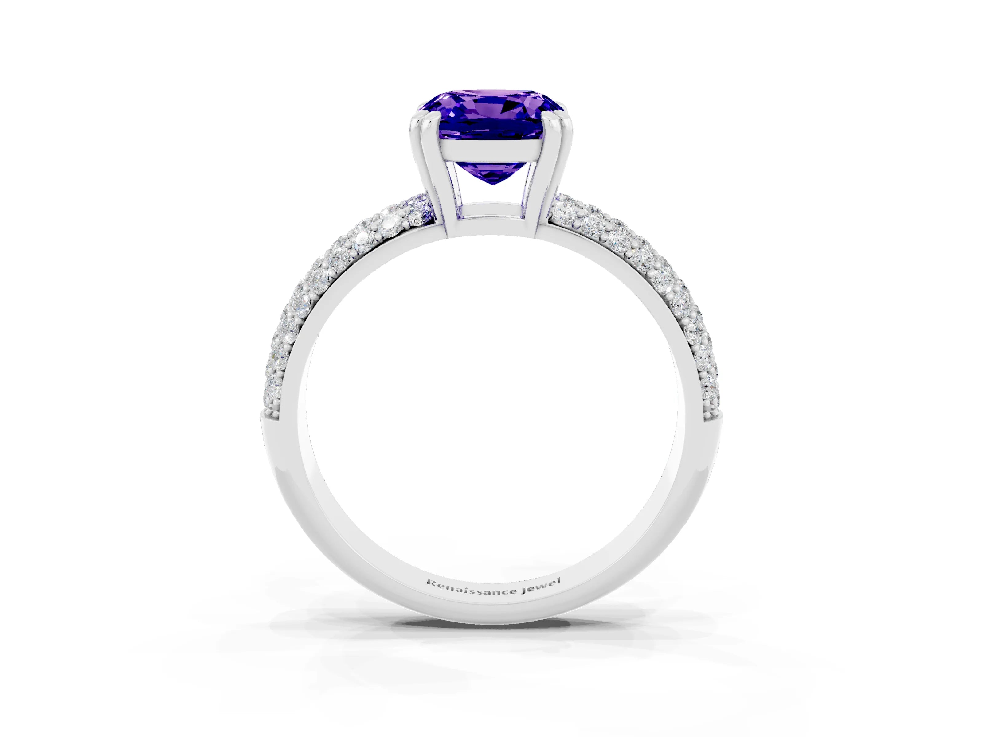 White gold Cushion Cut Cut Pave Diamond Engagement Ring with Channel Set Band and Four-Prong Setting_3