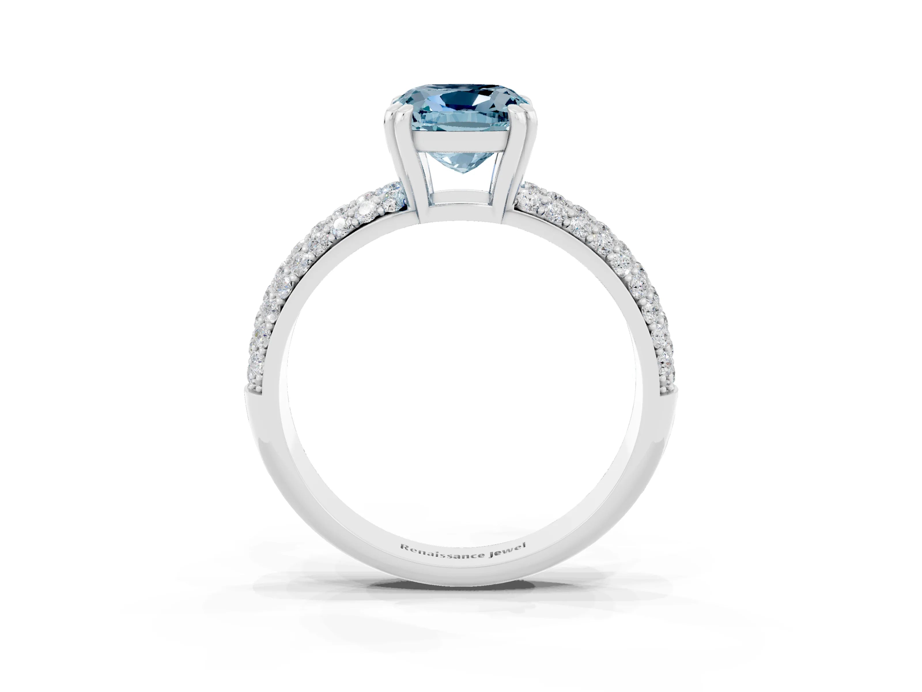 White gold Cushion Cut Cut Pave Diamond Engagement Ring with Channel Set Band and Four-Prong Setting_3