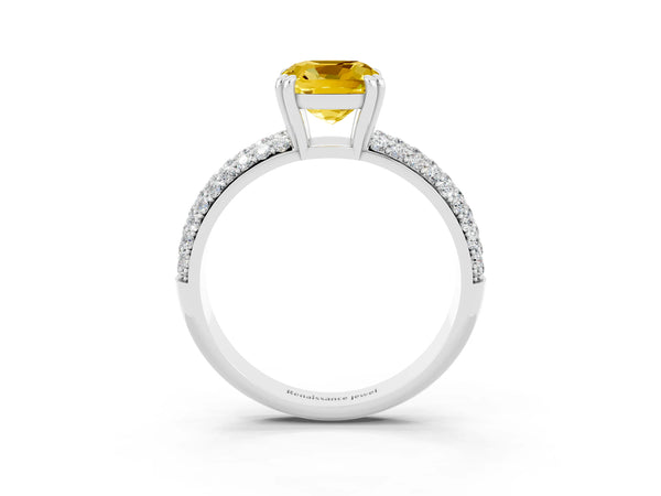 White gold Cushion Cut Yellow Sapphire Solitaire Ring with Multi-Row Round Pavé Band and Prong Setting